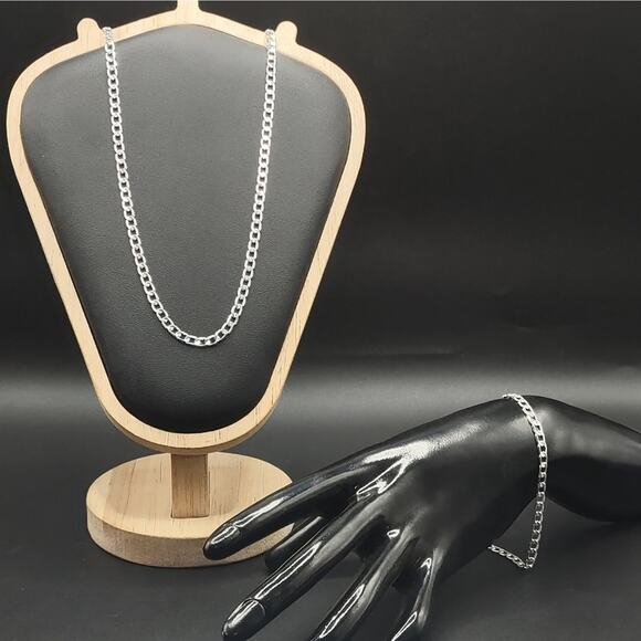 925 Sterling Silver Plated 4mm Cuban Necklace Bracelet Set Christmas Gift NEW! - Picture 3 of 6